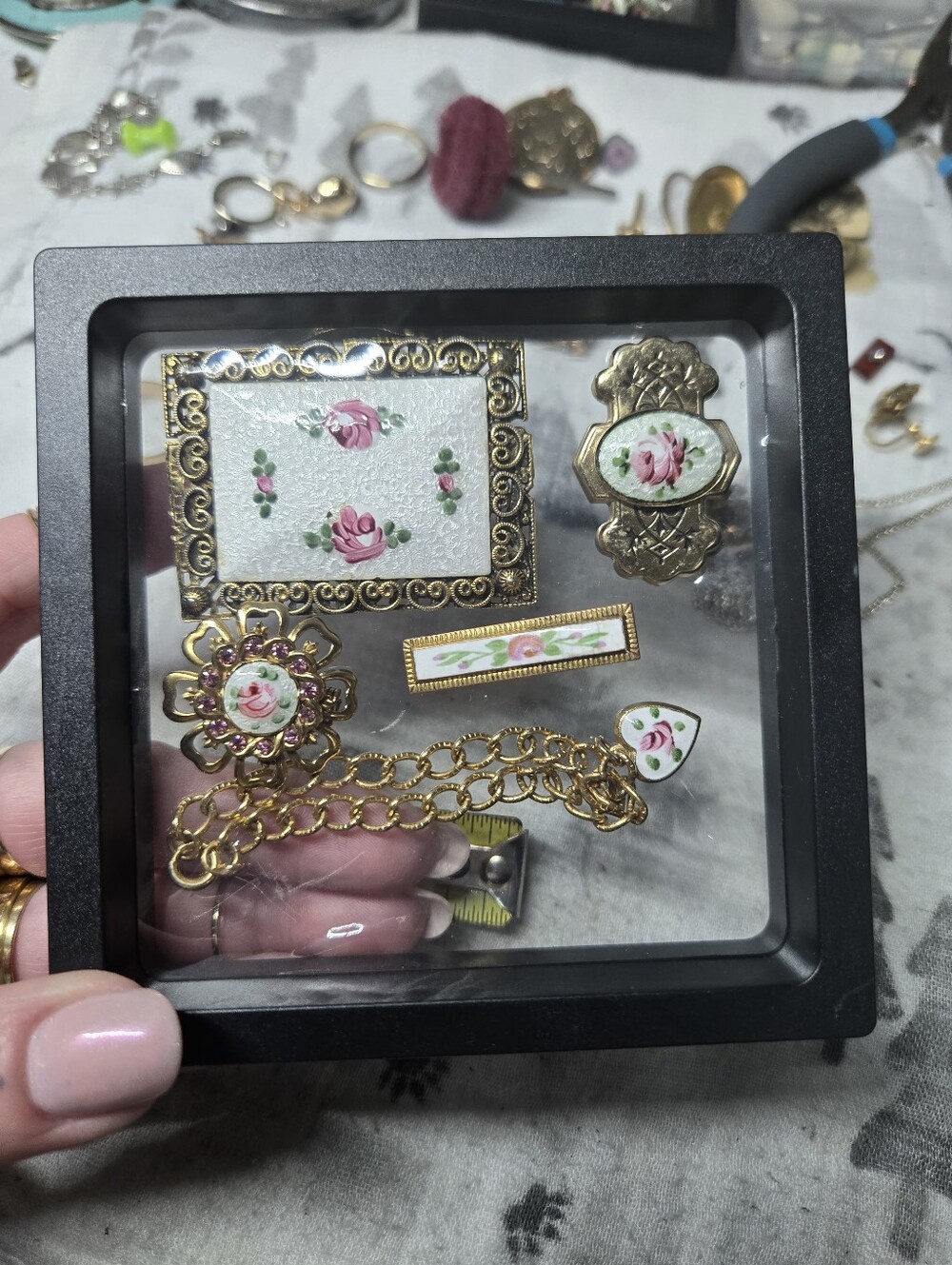 Vintage Guilloche Brooches, Tie Clip,  Bracelet Set